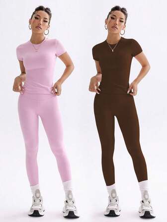 FWH ชุดเซ็ต 2 ชิ้น เสื้อครอปสีพื้นน่ารักสไตล์วัยรุ่นสำหรับออกกำลังกายในมหาวิทยาลัย ทรงเข้ารูป คอกลม แฟชั่นสปริง-ซัมเมอร์ สไตล์หวาน ใส่ได้หลากหลาย ใส่เป็นเสื้อคลุมได้ เอวสูง กระชับหน้าท้อง ใส่ได้ทุกวัน ใส่เต้นรำ ออกกำลังกาย โยคะ ยกกระชับก้นและขา สำหรับผู้หญิง