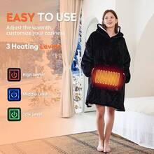 Wearable Heated Blanket Hoodie, USB Heated Oversized Hooded Blanket Adult 3 Heat Settings, Overheat Cozy Warm Heated Hoodie Blanket Sweatshirt Women With Sleeves & Pocket - Black - View 3