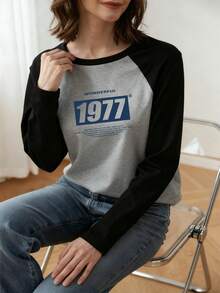 2025 Autumn New Fashion Casual Loose Long T-Shirt For Women, Numeric & Letter Print Colorblock Streetwear Tops, Korean Style - Dark Gray - View 2