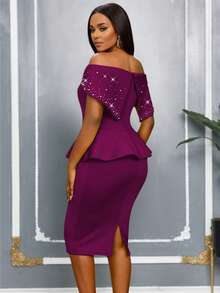 AOMEI Elegant Women Party Evening Dress Sexy Nail Bead Purple Off Shoulder Peplum Package Hip Christmas Birthday Event Dresses New - Purple - View 4