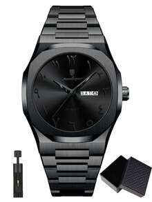 POEDAGAR 1pc Business Men's Stainless Steel Quartz Date Week Watches, 30M Water Resistance Function, Fashion Man Wristwatch Suitable For Work Occasion, Birthday Gifts For Men - Black - View 13