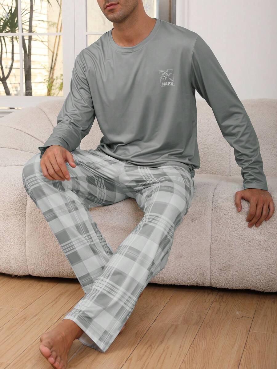 Conjunto de ropa de dormir casual para hombres, camiseta de cuello redondo de manga larga con estampado a cuadros y pantalones, ropa de estar en casa cómoda para primavera y otoño - Gris Claro - Ver 1