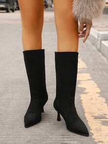 Fall/Winter Versatile Short Chunky Heel Cowgirl Western Boots, High Heel Ankle Boots For Women, Apricot Color Slim Fit Mid-Calf Boots - Black - View 5