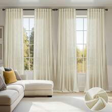 4pcs Farmhouse Style Linen Blend Semi-Sheer Curtains, Grommet Top Light Filtering Drapes For Living Room, Bedroom - Machine Washable, Decorative Solid Pattern, No Lining - Natural - 查看 1