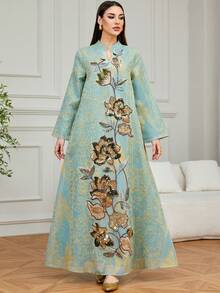 Women's Long Sleeve Kaftan Abaya Dress, Featuring Intricate Embroidery And V-Neck Jalabiya, Made Of Non-Stretch Woven Fabric For Elegant Ladies Evening Gown - Mint Green - View 1