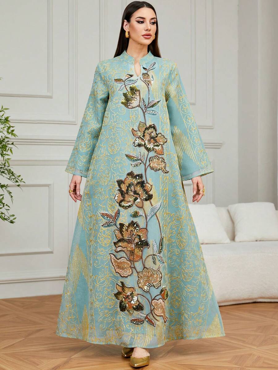 Women's Long Sleeve Kaftan Abaya Dress, Featuring Intricate Embroidery And V-Neck Jalabiya, Made Of Non-Stretch Woven Fabric For Elegant Ladies Evening Gown - Mint Green - View 1