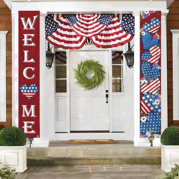 Patriotic 4th Of July Welcome Porch Banner America Stars Stripes Memorial Day Hanging Banner For Front Door  Day Welcome Porch Banner Sign Home Decorations,Blue