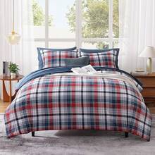 King Comforter Set, Classic Red Black Plaid-Piece Bedding Set, Farmhouse Lightweight All-Season Bed In A Bag With Sheets, Pillowcases & Shams, Home Decor - 海軍紅 - 查看 12