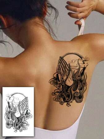 1pc Sexy Prayer Gesture & Cloud Tattoo Sticker, Realistic & Waterproof, Suitable For Women, Arm/Leg/Chest/Waist Sensual Body Art Temporary Tattoo Sticker, Multipurpose Unisex One-Time Use Tattoo Sticker Easy To Apply And Remove, Daily Travel Beach Body Art Decoration Sticker DIY Gift Sticker