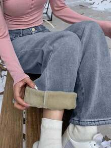 街头风直筒斜插口袋加厚牛仔保暖低腰牛仔裤，秋冬保暖裤，Y2K音乐节必备 - 炒花藍 - 查看 5