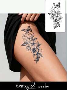 CAT QUEEN ART Herbal Juice Semi-Permanent Y2K Large Arm Tattoo Sticker, Elegant Floral & Butterfly Design, 1-2 Weeks No Fading, For Thigh, Chest, Abdomen, Back, 1pc/Pack - Blue - View 1