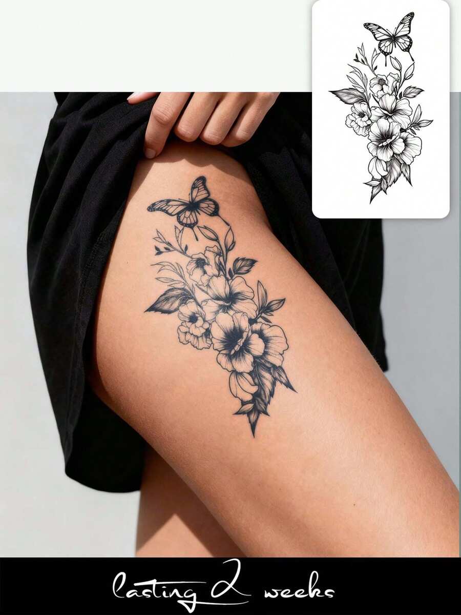 CAT QUEEN ART Herbal Juice Semi-Permanent Y2K Large Arm Tattoo Sticker, Elegant Floral & Butterfly Design, 1-2 Weeks No Fading, For Thigh, Chest, Abdomen, Back, 1pc/Pack - Blue - View 1
