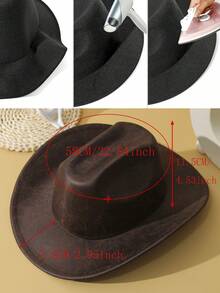 1pc Unisex Cattle Head & Belt Decor Handmade Panama Hat Wide Brim Cowboy Hat PU Cowgirl Hat Ridge Western Suitable Soft Felt Hat Fedora Hat - Coffee Brown - View 4
