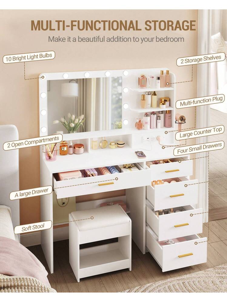 Sgabello Da Toeletta Hzuaneri Bianco Con Schienale Curvo – Seduta Imbottita In PU E Base In Metallo, 33,5x35x85 Cm