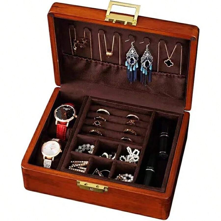 2 Layer Solid Wooden Jewelry Box With Lock And Key For Women Men Vintage Velvet Wood Jewelry Organizer Storage For Earrings Rings Necklaces Bracelet Watch Mothers Day Gift - 2 lớpNâu đậmVelvet - Xem 1