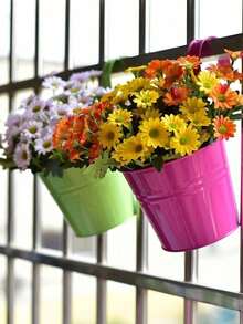 Hanging Flower Pot, Metal Iron Art Mini Planter Fence Bucket Flower Pot Holder For Balcony Garden Plant, Suitable For Home Decor