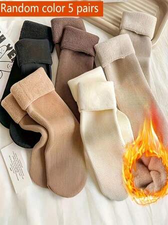 3/5双装女士秋冬加绒加厚保暖雪袜中筒袜睡眠地板袜，颜色随机