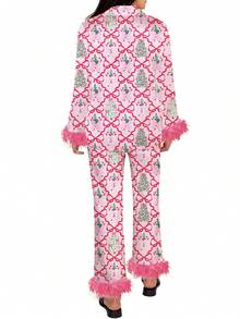 Women Feather Trim Silk Satin Pajama Set Christmas Button Down Shirts And Pants Outfit Sleepwear Loungewear - Hồng - Xem 2