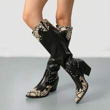 Weide Botas para mujer – Botas vaqueras de mujer con punta fina, estampado serpiente, tacón medio retro y estilo punk - Negro - Ver 12