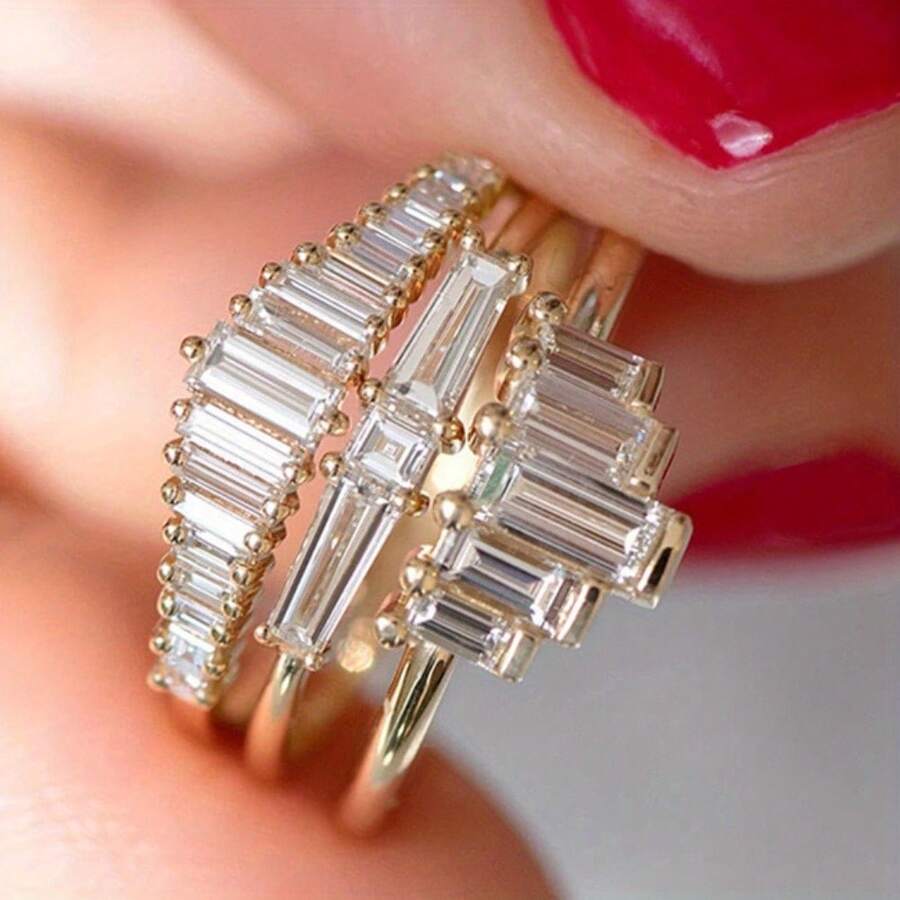3 Pieces/Set Shiny Square Cube Zirconia Square Wedding Engagement Bridal Ring Pair Ring Set Party Jewelry Set Anniversary Gift Valentine's Day Christmas Mother's Day GiftValentine's Day Special Offer - White - View 1