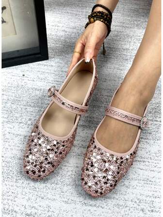 Zapatos planos de mujer con lentejuelas rosas, puntera cuadrada de moda con hebilla de strass de un solo correa, material de lentejuelas brillante adecuado para uso diario, caminar, trabajo, vacaciones, fiesta, desfile de moda, se puede combinar con vaqueros, faldas, vestidos, cómodo y casual