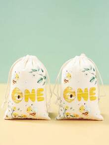 6个蜜蜂主题礼品袋，可重复使用，带抽绳，花朵蜜蜂图案，适合一周岁生日派对装饰、婴儿派对礼品包装、糖果袋、家庭聚会礼品包装用品、家庭节日派对装饰、一周岁生日礼物、派对小礼物 - 彩色 - 查看 3