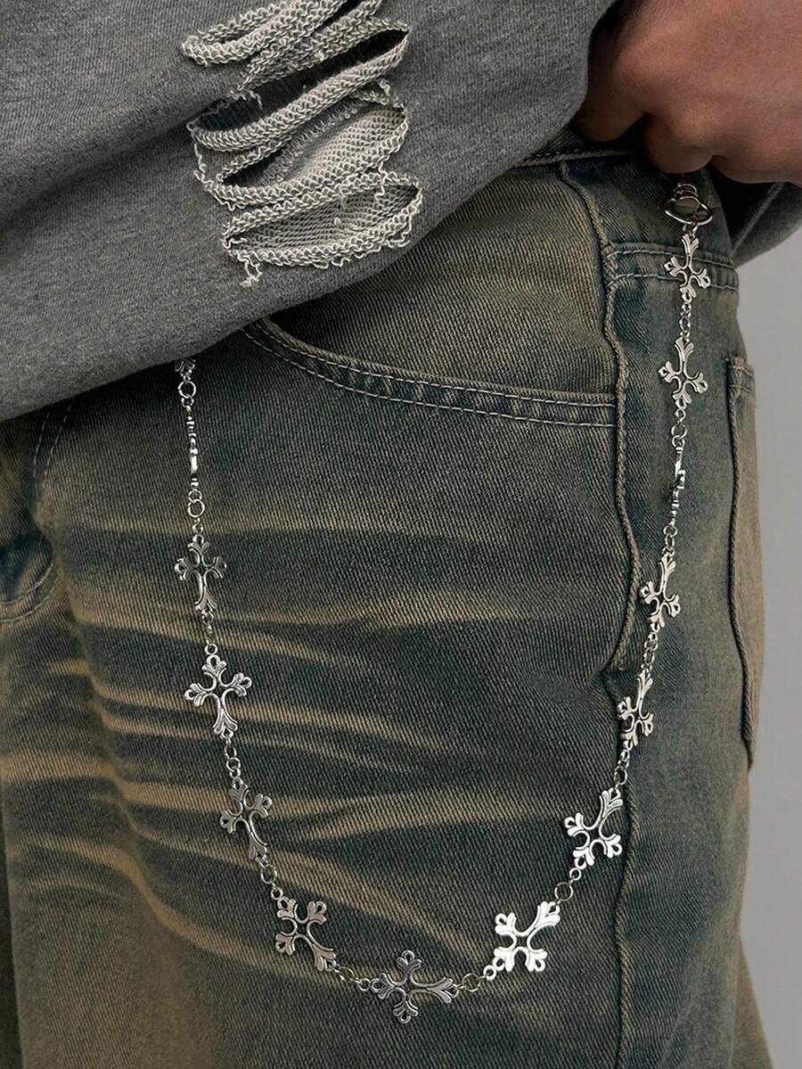 1pc Fashionable Metal Cross Chain, Punk Style Jeans Chain, Men's Accessory Gift - Silver - View 1