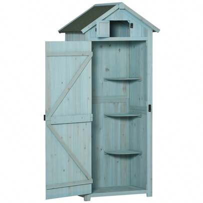 Outsunny Garden Storage Shed With Shelves And Windows, 77 X 54.2 X 179 Cm, Wood In Light Blue And Green, Asphalt Roof For Garden And Patio On Site