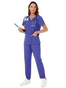 V领口袋短袖上衣和口袋裤睡衣套装（春季款） - 藍色 - 查看 6