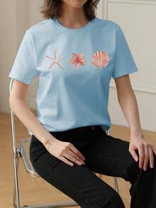 1pc Girls Casual Shell Graphic Print Round Neck Short Sleeve T-Shirt, Summer Student Youth Clothing - Shell Art Style T-Shirt Inspires Imagination And Self-Expression