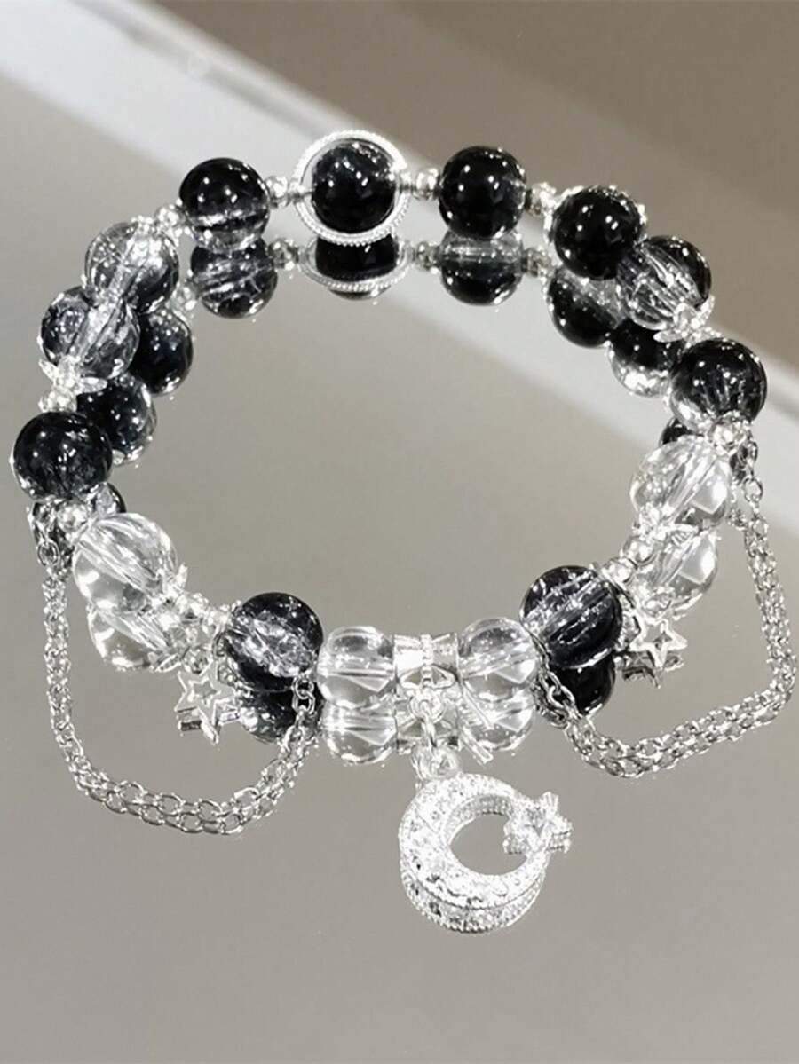 1 chiếc vòng tay mặt trăng, pha lê, ngôi sao đen trắng dành cho nữ, thiết kế độc đáo, tươi mới và ngọt ngào, đa năng, thích hợp cho ngày kỷ niệm, ngày lễ tình nhân, tiệc tùng, hẹn hò, quà tặng cho bạn bè và gia đình - Đen và trắng - Xem 1