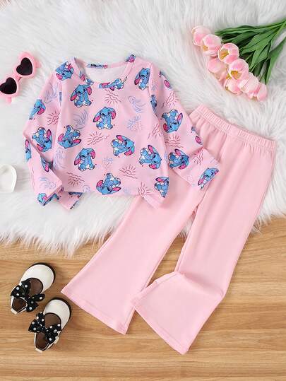 2 Stücke/Set Mädchen Herbst Winter Süßer Hase Cartoon Muster Rundhals Langarm Sweatshirt und einfache rosa Weite Hose Stilvolles Outfit