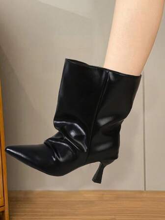 Pointed Toe Pleated Tall Shaft Short Boots, Slim Heel Genuine Leather Wide Calf Riding Boots For Women