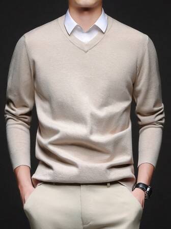 Suéter de punto grueso de cuello en V de unicolor para hombre, otoño/invierno