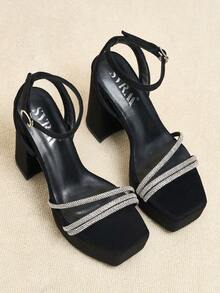 SVRM Women's Square Toe Platform High Heel Buckle Rhinestone Sandals, Elegant And Sexy For Social Party And Workplace, Open Toe, Black - Black - View 5