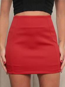 Women's Short Skirt With Zipper, Bengaline Fabric, High Waist, Short, Fashionable - 紅色 - 查看 2