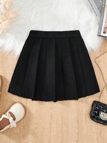 Girls Knitted Sweater Skirt, A-Line Elastic Waist, Suitable For 4-12 Years Old Girls, Casual & Elegant Solid Color, Simple Style, Autumn/Winter - Black - View 1