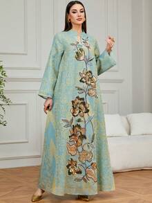 Women's Long Sleeve Kaftan Abaya Dress, Featuring Intricate Embroidery And V-Neck Jalabiya, Made Of Non-Stretch Woven Fabric For Elegant Ladies Evening Gown - Mint Green - View 3