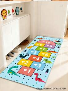 1 covor cu model de dinozaur Hopscotch, fundal albastru cu grile colorate Hopscotch și diverse modele de dinozauri, aducând o atmosferă plină de viață a copilăriei în spațiul interior, material moale și prietenos cu pielea, confortabil la atingere, potrivit pentru decorul camerei de zi, dormitorului, covor lavabil