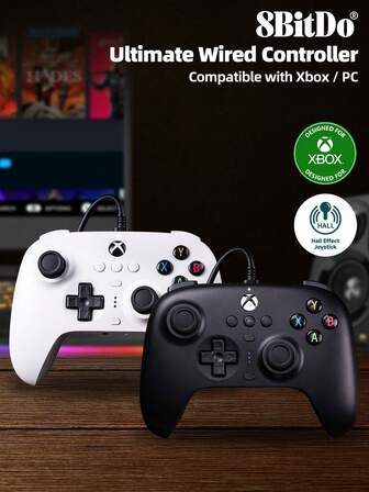  8Bitdo Ultimate Wired Gamepad PC Compatible With Xbox Controller Officially Licensed By Microsoft Compatible With Xbox Series X/S Windows 11 10 Compatible With Xbox One With Hall Effect Joystick Game Controle Trigger Vibration 3.5mm Audio Jack Custom Profile Switch Button 2 Pro Back Paddle Buttons Wired USB Connected Black And White