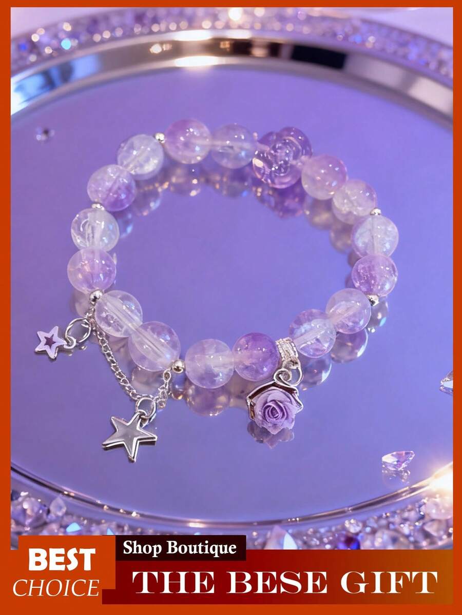 Crystal Beaded Bracelet For Women, Glass & Synthetic Crystal Bracelet, Elegant Adjustable Stretch Bracelet With  Flower Beads, Dainty Bohemian Beaded Jewelry Gift - 紫色 - 查看 1