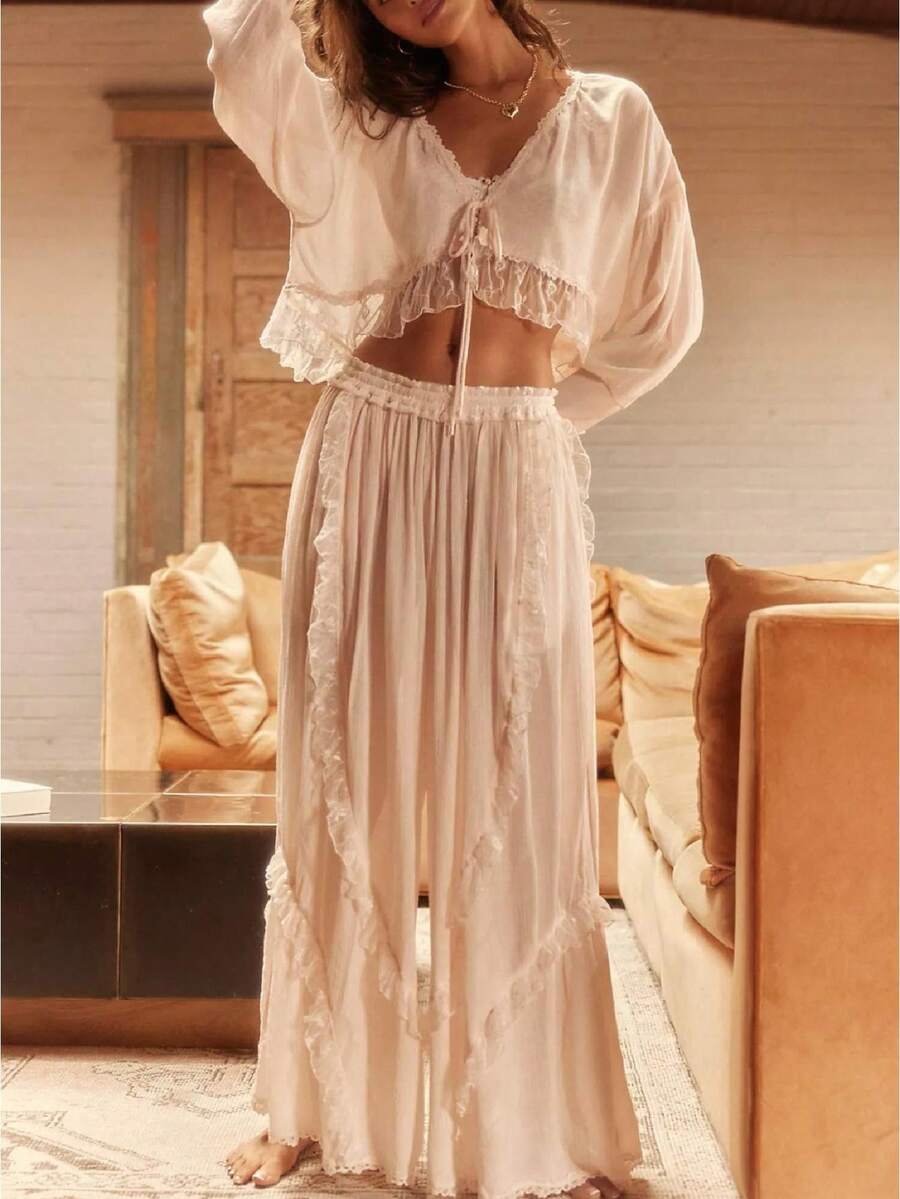 Womens Pajama Set Lace 2 Piece Lounge Sets Long Sleeve Shirts And Wide Leg Pants Vintage Pj Sets Sleepwear - Màu Hồng baby - Xem 1