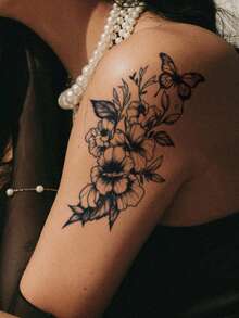 CAT QUEEN ART Herbal Juice Semi-Permanent Y2K Large Arm Tattoo Sticker, Elegant Floral & Butterfly Design, 1-2 Weeks No Fading, For Thigh, Chest, Abdomen, Back, 1pc/Pack - Blue - View 4
