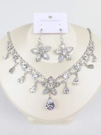 3pcs Luxury Sparkling Zirconia Necklace Set, Bridal Wedding Party Fashion Jewelry Accessories For Women
