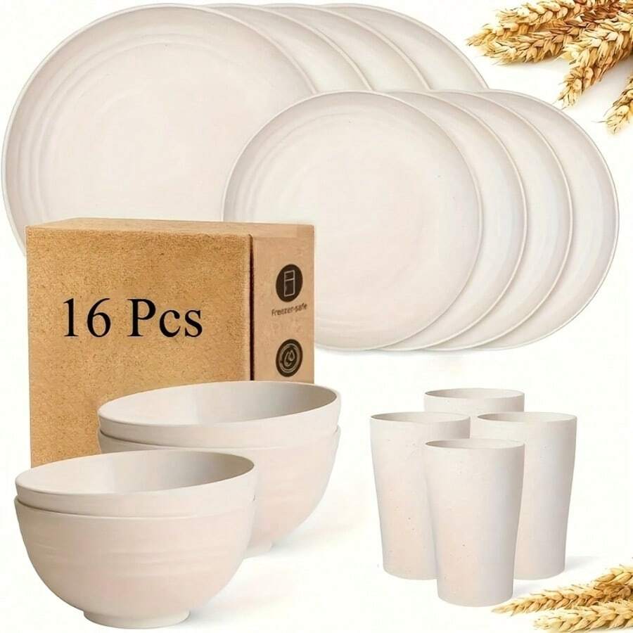 16 Pcs/Set Durable Wheat Straw Dinnerware Set - Durable Tableware, Black Set Includes 8 Plates, 4 Bowls, 4 Cups, Suitable For Family Gatherings, Birthday Parties, Camping.Christmas Dinner Tableware Set - 白色 - 查看 1