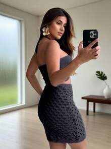 Modal Knit Cropped Top And Short Skirt Set - Elegant Summer Fashion - Black - View 3