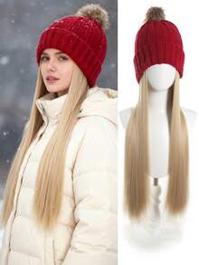 女士合成假发一体式针织帽，耐热长直发，保暖内衬冬季帽，打造时尚造型（黑色/金色/米色/红色）