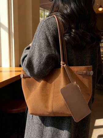 2025 New Autumn/Winter Fashion Simple Large Capacity Tote Bag For Women, Matte Texture Commuter Shoulder Bag With Detachable Small Pouch