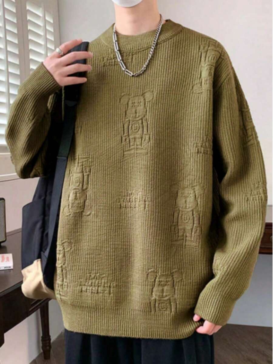 Men's Casual Solid Color Crew Neck Long Sleeve Sweater, Versatile For Autumn/Winter - Olive Green - View 1