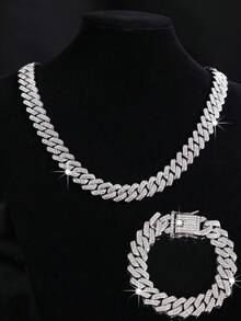 1 pieza Collar y pulsera cubana con diamantes de imitación, estilo hip-hop rapero, de moda y adecuado como regalo para hombres - A - Ver 4